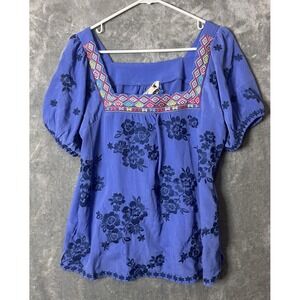 Savanna‎ Jane Shirt Small blue Floral Embroidered Short Sleeve Boho Flowy